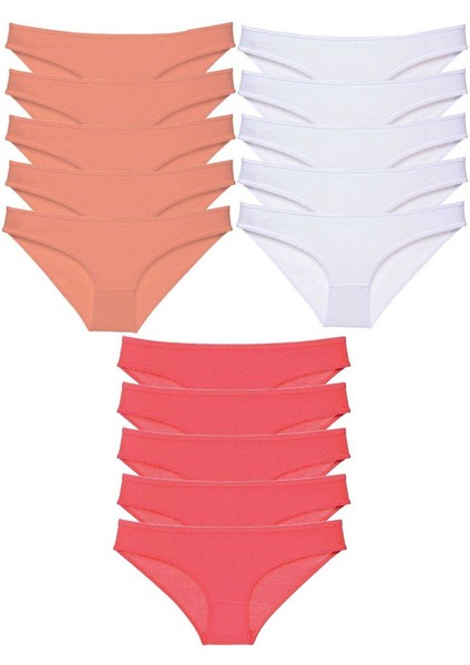 15 Adet Süper Eko Set Likralı Kadın Slip Külot Pudra Beyaz Fuşya