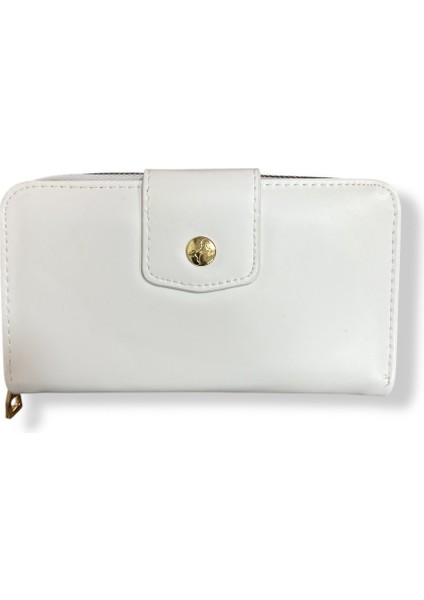 Kadın Beyaz Renkli Fermuarlı ve Çıtçıtlı Kağıt ve Bozuk Para Bölmeli Büyük Boy Cüzdan.