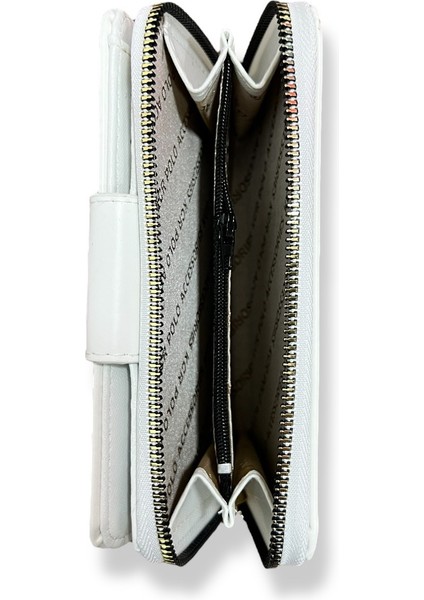 Kadın Beyaz Renkli Fermuarlı ve Çıtçıtlı Kağıt ve Bozuk Para Bölmeli Büyük Boy Cüzdan. fırsatları