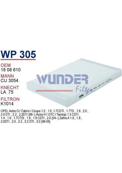 Wunder WP305 Polen Filtresi Opel Astra G / Opel Astra H / Opel Zafira A fiyatları