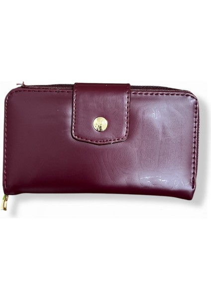 Kadın Bordo Renkli Fermuarlı ve Çıtçıtlı Kağıt ve Bozuk Para Bölmeli Büyük Boy Cüzdan.