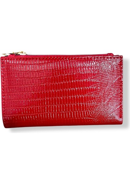 Kadın Kırmızı Renkli Fermuarlı ve Çıtçıtlı Kağıt ve Bozuk Para Bölmeli Cüzdan.