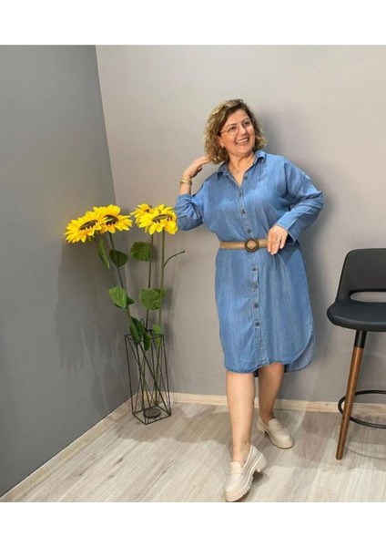 Kadın Büyük Beden Jean Kumaş Mavi Gömlek Elbise
