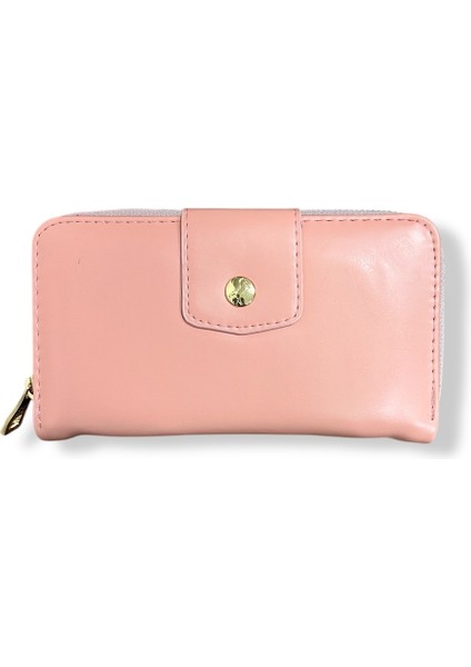 Kadın Pudra Renkli Fermuarlı ve Çıtçıtlı Kağıt ve Bozuk Para Bölmeli Büyük Boy Cüzdan.