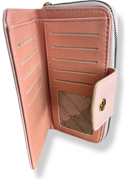 Kadın Pudra Renkli Fermuarlı ve Çıtçıtlı Kağıt ve Bozuk Para Bölmeli Büyük Boy Cüzdan. modelleri