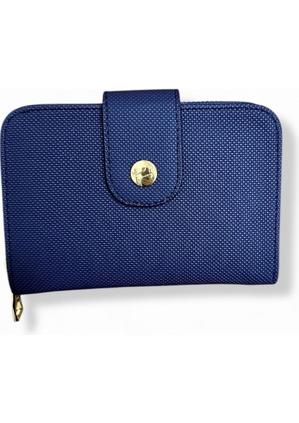 Kadın Lacivert Renkli Fermuarlı ve Çıtçıtlı Kağıt ve Bozuk Para Bölmeli Cüzdan.