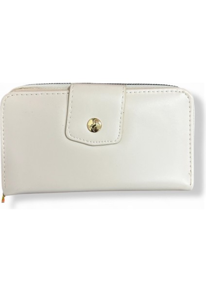 Kadın Bej Renkli Fermuarlı ve Çıtçıtlı Kağıt ve Bozuk Para Bölmeli Büyük Boy Cüzdan.