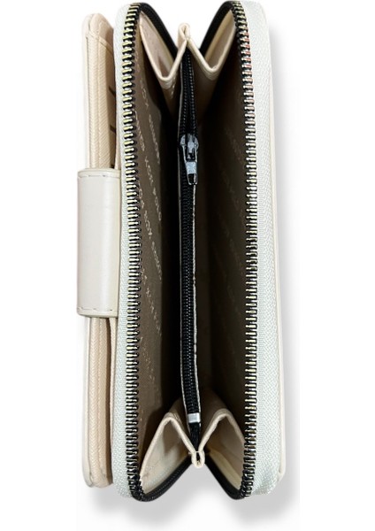 Kadın Bej Renkli Fermuarlı ve Çıtçıtlı Kağıt ve Bozuk Para Bölmeli Büyük Boy Cüzdan. fırsatları