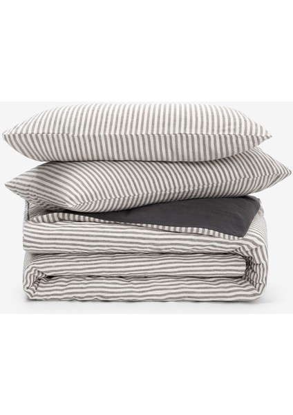 Striped Serenity Keten Çift Kişilik Nevresim Antrasit 200 x 220