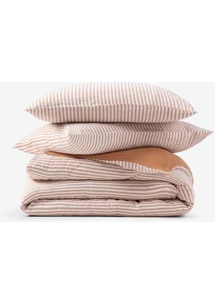 Striped Serenity Keten Çift Kişilik Nevresim Taba 200 x 220