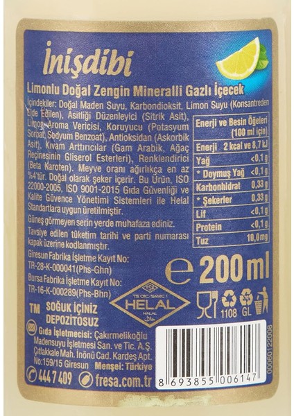 Inişdibi Limonlu Madensuyu 24'lü Paket (200 ml x 24 Adet)