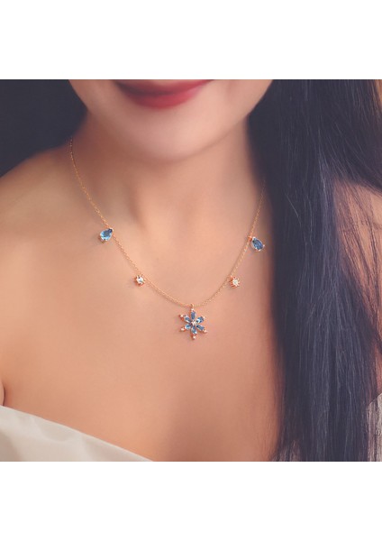 Beşli Aqua Taşlı Lotus Çiçeği Rose Gümüş Kolye