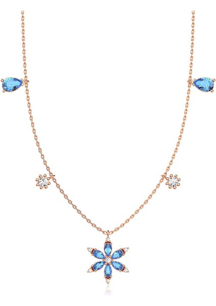 Beşli Aqua Taşlı Lotus Çiçeği Rose Gümüş Kolye