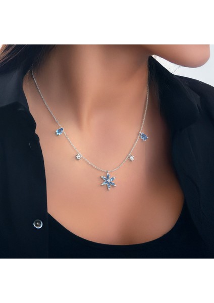 Beşli Aqua Taşlı Lotus Çiçeği Beyaz Gümüş Kolye