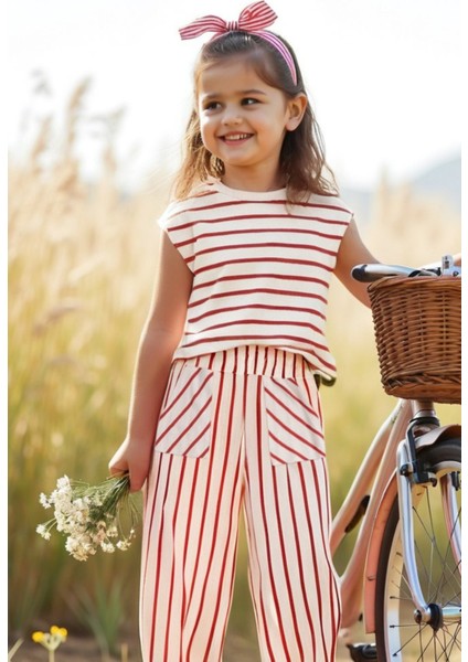 Liso Kırmızı Çizgili Lastikli Kız Çocuk Pantolon