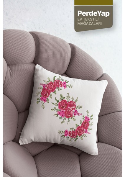 Kanaviçe Pembe Çiçek Desenli 4'lü Dijital Baskılı Kırlent Kılıfı 43 x 43 cm modelleri