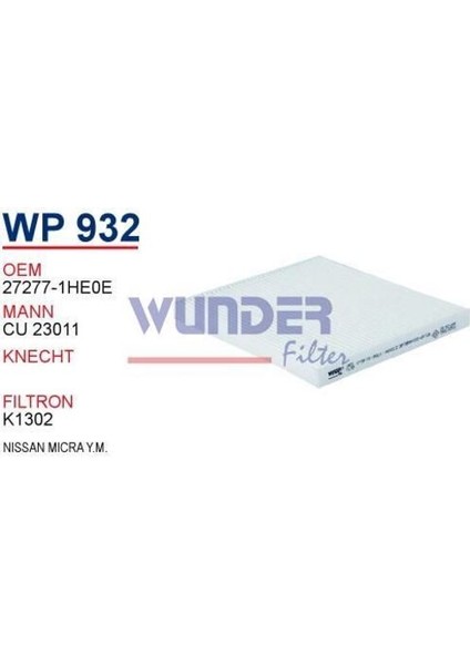 Wunder WP932 Polen Filtresi Nissan Micra K13 (2012--) / Nissan Note (2013--) fiyatları