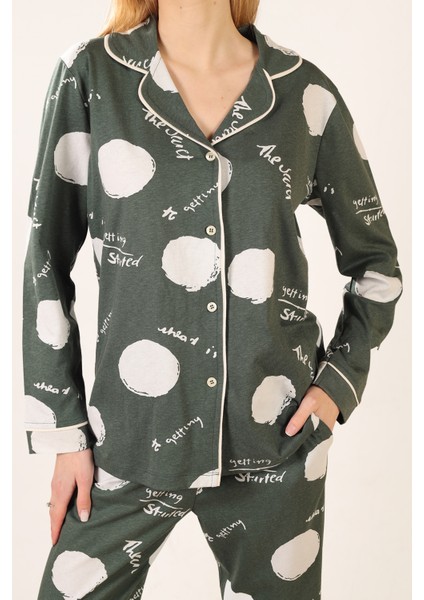 Metraj Baskılı %100 Pamuk Ön Pat Düğmeli Örme Pijama Takımı