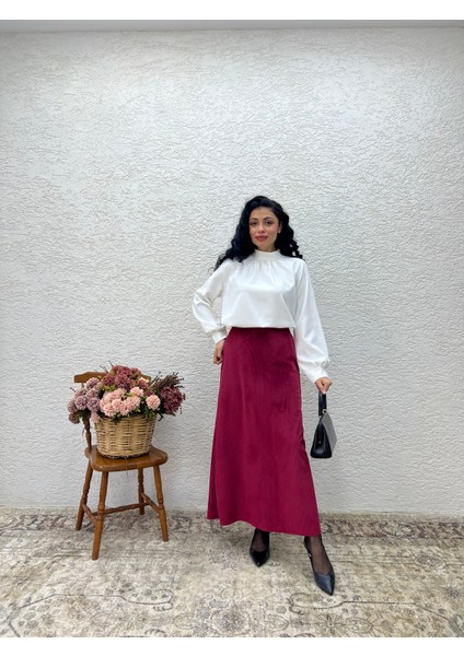 Bordo Fitilli Kadife A Kesim Etek
