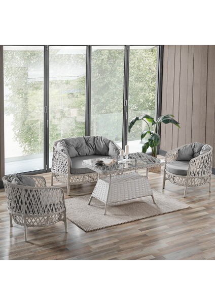 Konfor Rattan Bahçe Balkon Oturma Takımı 2+1+1+Camlı Masa Kemik Rengi
