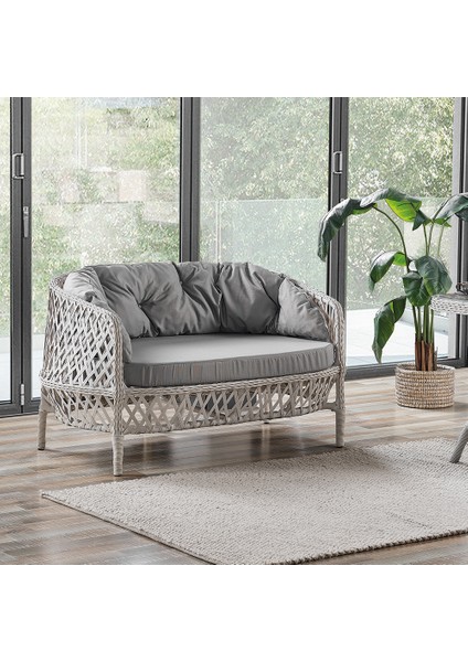 Konfor Rattan Bahçe Balkon Oturma Takımı 2+1+1+Camlı Masa Kemik Rengi