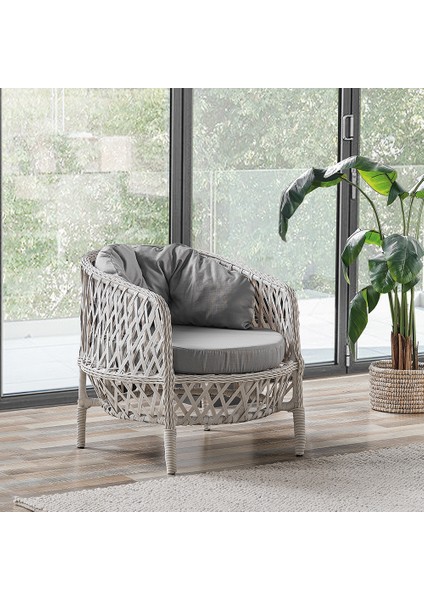Konfor Rattan Bahçe Balkon Oturma Takımı 2+1+1+Camlı Masa Kemik Rengi