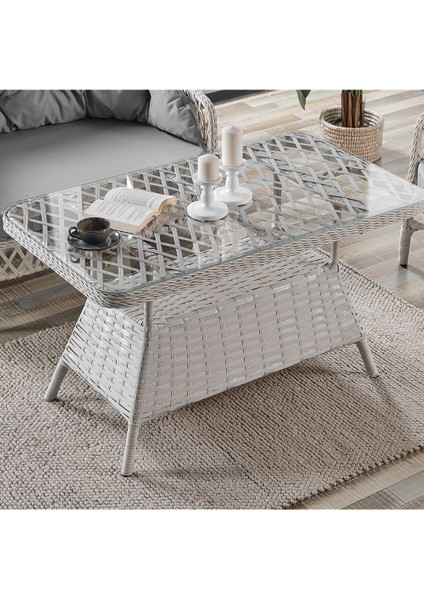 Konfor Rattan Bahçe Balkon Oturma Takımı 2+1+1+Camlı Masa Kemik Rengi
