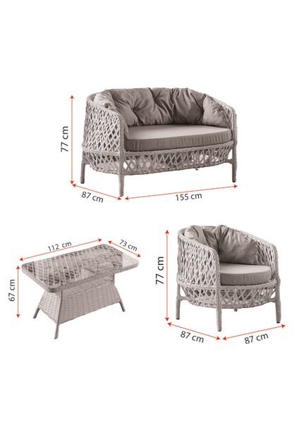 Konfor Rattan Bahçe Balkon Oturma Takımı 2+1+1+Camlı Masa Kemik Rengi