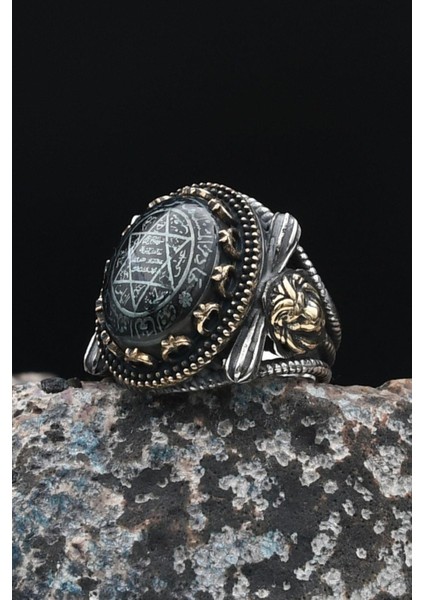 Özel Tasarım Sıkma Kehribar Taşlı Hz. Süleyman Mührü Aslan Figürlü 925 Ayar Gümüş Erkek Yüzüğü 901434