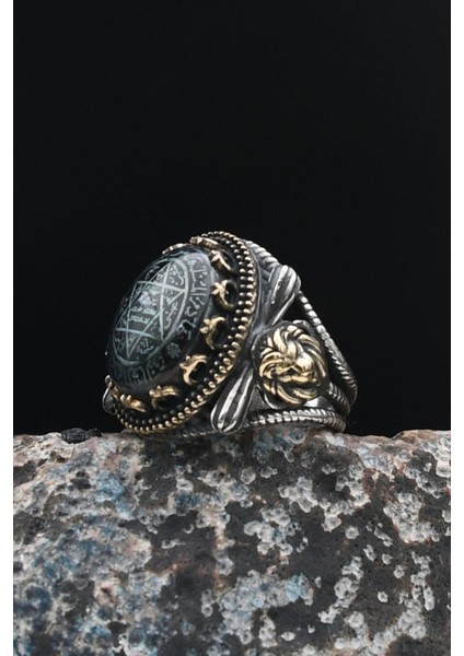 Özel Tasarım Sıkma Kehribar Taşlı Hz. Süleyman Mührü Aslan Figürlü 925 Ayar Gümüş Erkek Yüzüğü 901434 modelleri