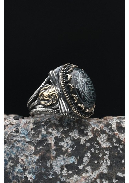 Özel Tasarım Sıkma Kehribar Taşlı Hz. Süleyman Mührü Aslan Figürlü 925 Ayar Gümüş Erkek Yüzüğü 901434 fırsatları