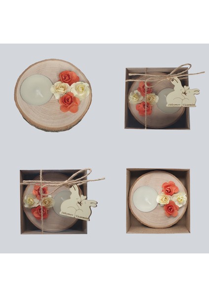 Düğün Nişan Kına Söz Nikah Hediyelik Mumlu Gül Süslemeli Tavşan Kutu 25 Adet