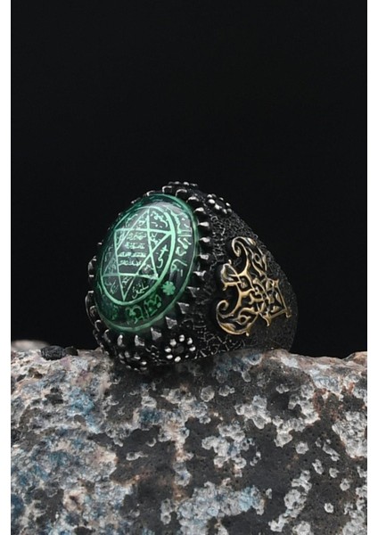 Özel Tasarım Sıkma Kehribar Taşlı Hz. Süleyman Mührü Oksitli 925 Ayar Gümüş Erkek Yüzüğü 901436