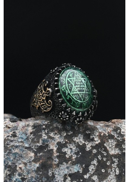 Özel Tasarım Sıkma Kehribar Taşlı Hz. Süleyman Mührü Oksitli 925 Ayar Gümüş Erkek Yüzüğü 901436 modelleri