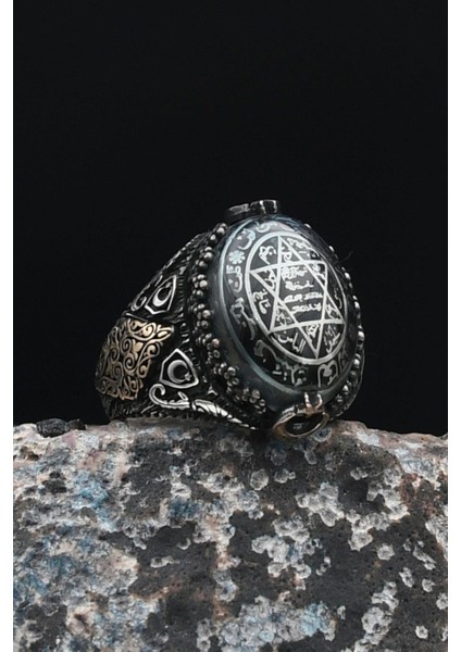 Özel Tasarım 925 Ayar Gümüş Erkek Yüzüğü Sıkma Kehribar Taşlı Hz. Süleyman Mührü 901437