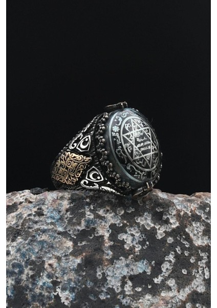 Özel Tasarım 925 Ayar Gümüş Erkek Yüzüğü Sıkma Kehribar Taşlı Hz. Süleyman Mührü 901437 fiyatları