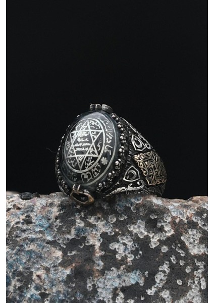 Özel Tasarım 925 Ayar Gümüş Erkek Yüzüğü Sıkma Kehribar Taşlı Hz. Süleyman Mührü 901437 modelleri