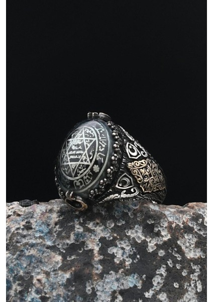 Özel Tasarım 925 Ayar Gümüş Erkek Yüzüğü Sıkma Kehribar Taşlı Hz. Süleyman Mührü 901437 fırsatları