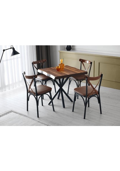Keops Masa ve Bahar Çapraz Sandalye Takımı, Ceviz, Siyah 90 x 90