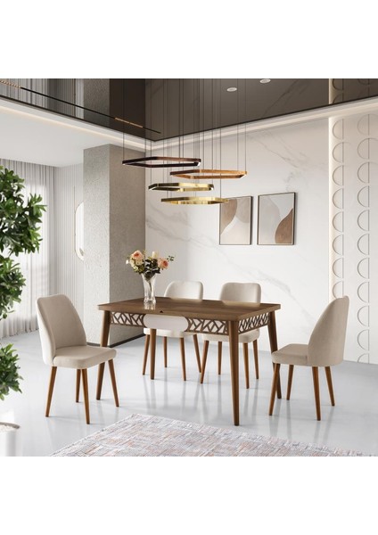 Armin Masa + Merida Sandalye Takımı, Haliç Ceviz, Beyaz, 130 x 80