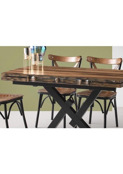 Açılır Kütük Masa ve Ilkbahar Sandalye Takımı, Ceviz, 130X80