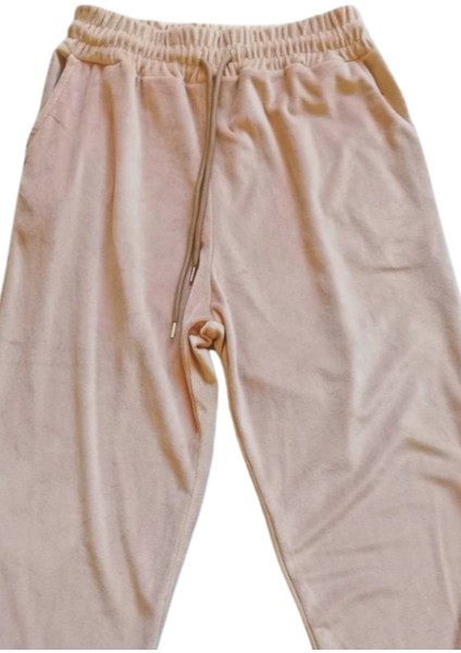 Parlak Kadife Cepli Pantolon Eşofman Pijama Altı Unisex Lastikli Paça Bej