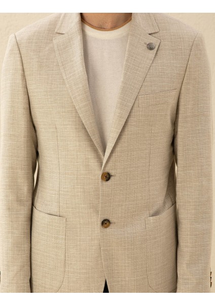 Erkek Bej Slim Fit Keten Karışımlı Blazer Ceket 50277318-VR011
