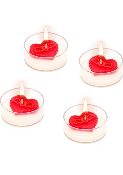 Sevgililer Günü 4lü Kırmızı Kalp Dekorlu Tealight Mum Seti