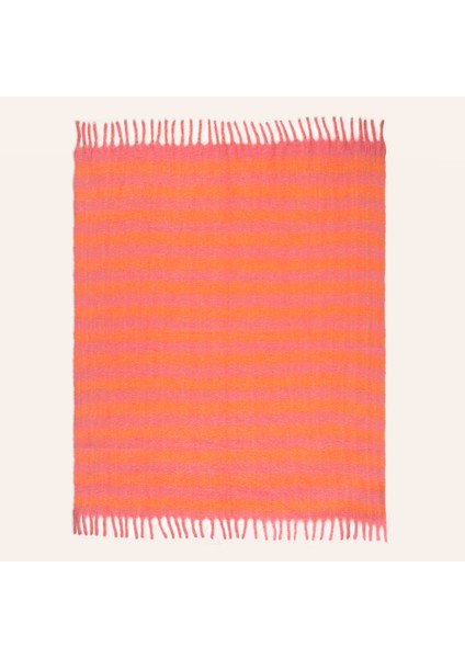 Ropar Saçaklı Çizgili Akrilik Yün Akrilik Yün Koltuk Şalı 140x180 Cm Turuncu - Pembe