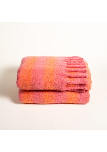 Ropar Saçaklı Çizgili Akrilik Yün Akrilik Yün Koltuk Şalı 140x180 Cm Turuncu - Pembe modelleri