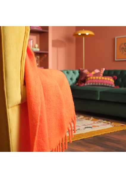 Ropar Saçaklı Akrilik Yün Akrilik Yün Koltuk Şalı 140x180 Cm Turuncu