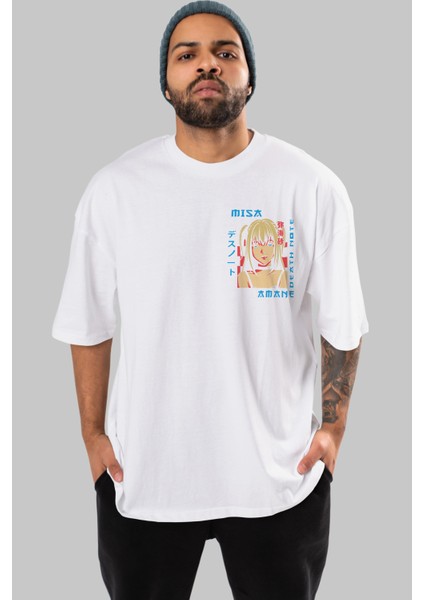 Mısa-Death Note Ön Sol Baskılı Oversize T-Shirt Erkek Kadın Unisex %100 Pamuk Bisiklet Yaka Tişort