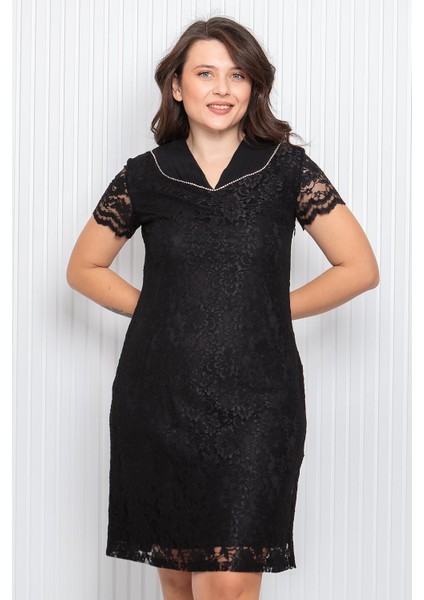 Taş Işlemeli Dantel Kumaş Abiye Siyah MDA3091