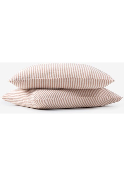 Striped Serenity Keten Yastık Kılıfı 2'li Taba 50 x 70